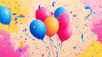 happy birthday banner design, bright color typography with balloons and streamers, flat vector graphic