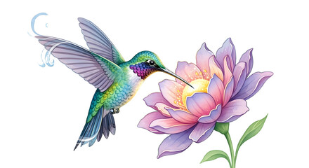 Hummingbird feeding on lotus flower isolated on transparent background