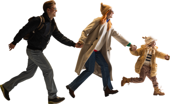 Parents and child running together in coordinated winter clothing on transparent background. Concept of energetic travel visuals, lifestyle advertising, and family-centered tourism