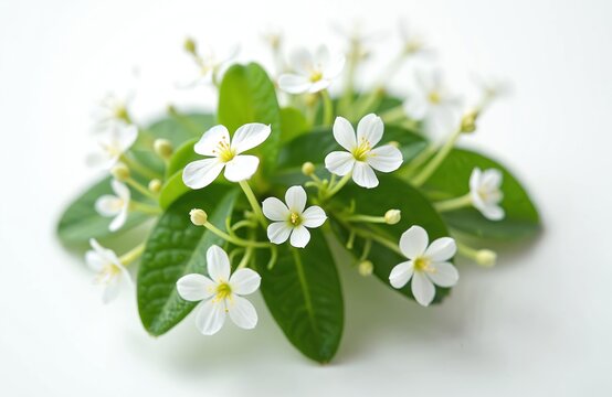 White small flowers and green leaves on white background. Bacopa monnieri herb plant. Ayurveda botanical subject with wellness and health benefits.