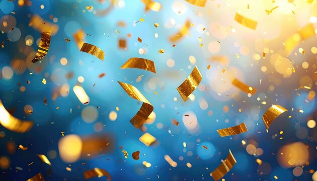 Falling gold confetti on a blue bokeh background
