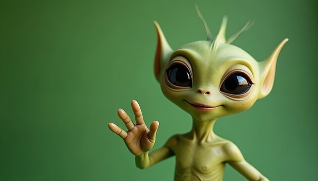 Green alien smiles waves hello. Extraterrestrial character with big black eyes in a friendly gesture. Digital art illustration, science fiction concept, space.