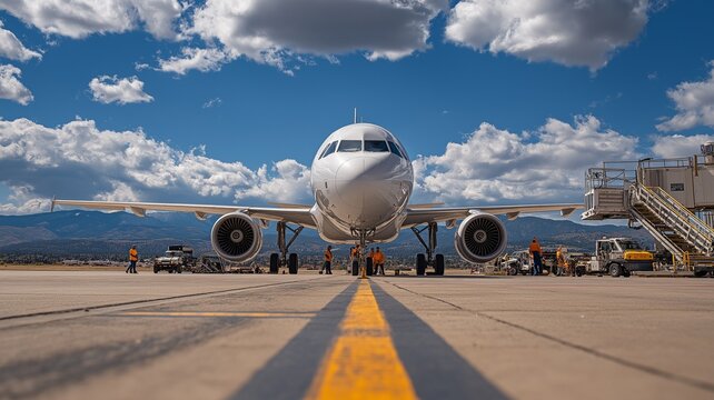 Under a blue sky, passenger planes are on the runway apron with ground personnel and boarding steps.