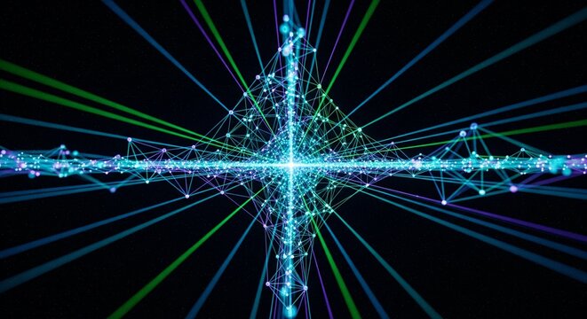 A glowing symmetrical network of interconnected nodes and radiating light beams on a dark background.