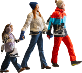 Family walking with ice skates and winter clothing ready for skating on transparent background. Concept of winter sports promotions, lifestyle visuals, and tourism materials