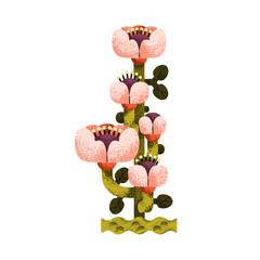 Naklejka premium Flower blossoms and leaves, creative abstract plant. Blooming stem, garden branch in whimsical fantasy shape, style. Decorative summer flora. Flat vector illustration isolated on white background