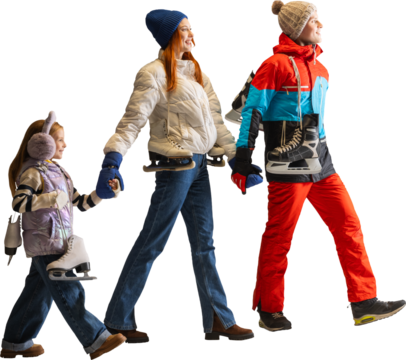 Family walking with ice skates and winter clothing ready for skating on transparent background. Concept of winter sports promotions, lifestyle visuals, and tourism materials