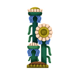 Naklejka premium Flower blossom, abstract creative floral plant, branch. Exotic botanical element with leaves and blooms in fantasy style. Whimsical nature. Flat vector illustration isolated on white background