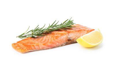 Piece of tasty grilled salmon, rosemary and lemon slice isolated on white