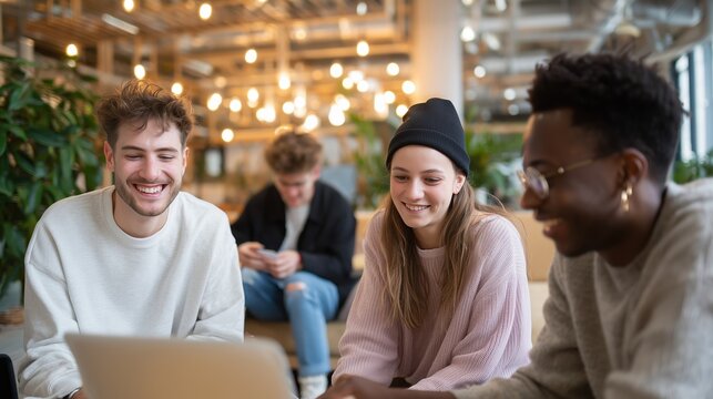 Friends working together on a laptop in a cozy indoor space during a sunny afternoon