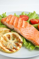 Piece of tasty grilled salmon, lemon slices and salad on white table, closeup