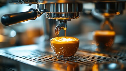 latte art in natural light being served by robotic barista with sunlight reflections on chrome surface, futuristic coffee tech