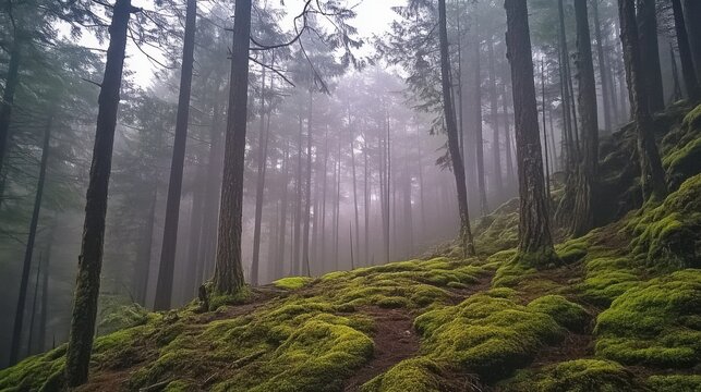early morning mist drifting through tall pine trees, lush green mossy ground, peaceful atmosphere - Powered by Adobe