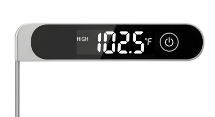 Digital thermometer displaying high temperature isolated on transparent background