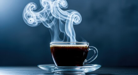 Steaming hot coffee in a glass cup with wisps of smoke