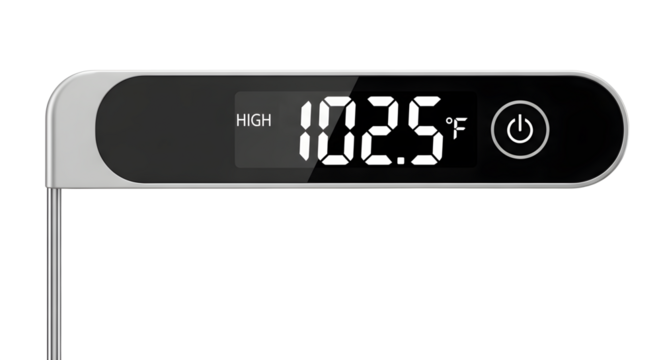 Digital thermometer displaying high temperature isolated on transparent background