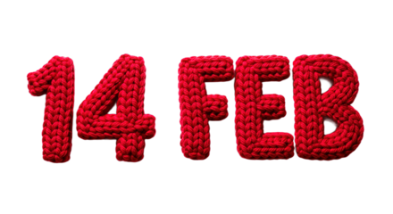 Hyper-realistic knitted digits “14 FEB” crafted from thick yarn on a pure white background