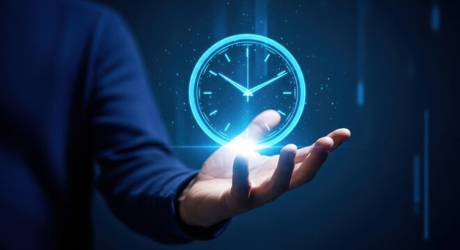 Digital clock hologram appears above open hand