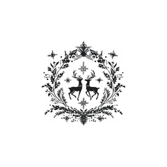 vector illustration featuring two detailed reindeer standing inside an ornate Christmas wreath or crest