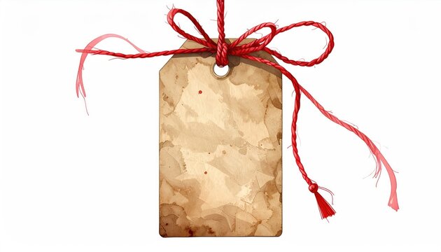 Stained tag with red twine, hanging, isolated background
