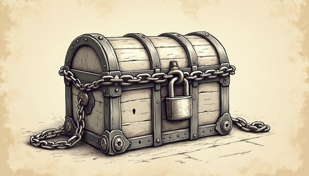 Old locked wooden chest with metal bands and chains. Treasure container secured with padlock. Locked box implies secrets or valuables hidden inside. Antique storage concept.