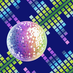 Retro disco ball and music equalizer in rainbow color in the style of 80s and 90s as a disco symbol.Watercolor illustration for flyers,posters,theme party cards