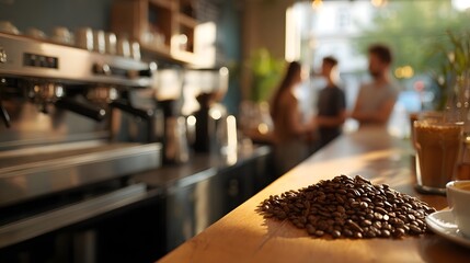Roasted coffee beans and espresso hine in a warm cafe setting with blurred patrons in soft afternoon light