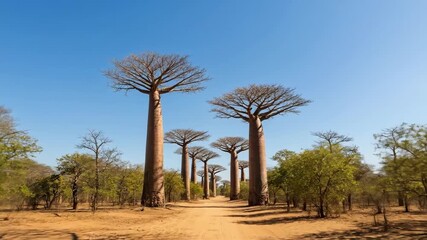 Majestic baobab trees lining a serene dirt path in sunlit african landscape