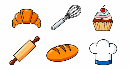 A collection of colorful cartoon baking icons including a croissant, whisk, cupcake, rolling pin, bread, and chef's hat.