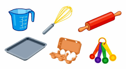 Essential kitchen and baking items, including measuring tools, a whisk, rolling pin, baking tray, and fresh eggs.