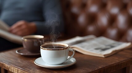 Steaming cups of coffee on a wooden table next to a newspaper with a blurred person reading in the background