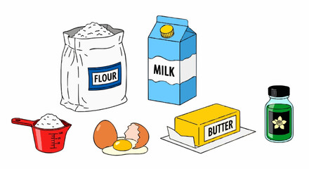 A colorful cartoon illustration of essential baking ingredients: flour, milk, butter, eggs, and vanilla extract on a white background.