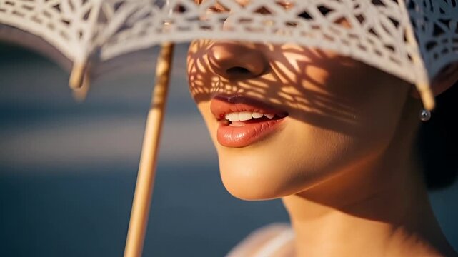 Sensual beauty with vintage parasol casting shadows on face, perfect for elegant skincare promo