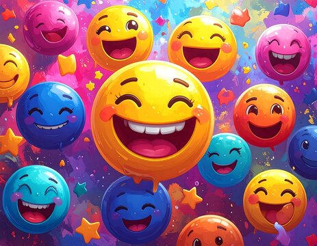 Colorful whimsical arrangement of happy cartoon emoji faces on a swirling vibrant background - Powered by Adobe