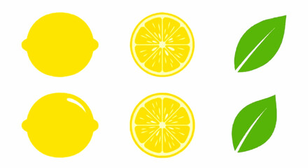 Two whole lemons, two lemon slices, and two green leaves arranged in two rows on a white background.