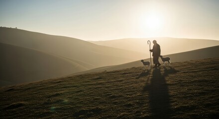 Biblical scene of man leading sheep with staff across mountain landscape