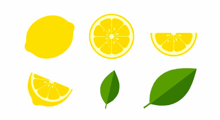 Illustration of a whole lemon, a lemon slice, a lemon half, and two green leaves on a white background.