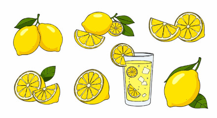 A collection of cartoon lemon illustrations, including whole fruits, slices, wedges, and a glass of lemonade.