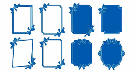 Eight blue decorative frames with ribbon bows in various shapes, arranged on a white background, creating elegant borders for invitations or announcements.
