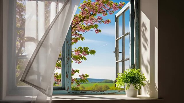 Spring breeze drifts through open window, bringing fresh air and cherry blossom scents inside