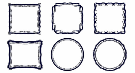 Six different abstract frames, square and circular, with textured borders, arranged on a white background.