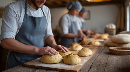 Artisan baker carefully shapes fresh dough loaves on a wooden board in a rustic bakery during morning light