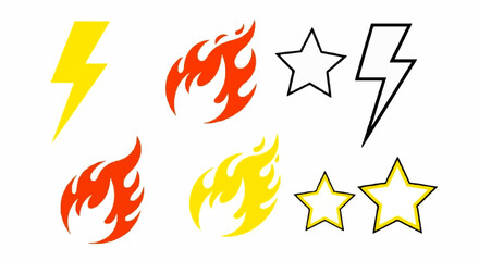 A collection of simple graphic icons featuring yellow lightning bolts, red and yellow flames, and outlined stars.