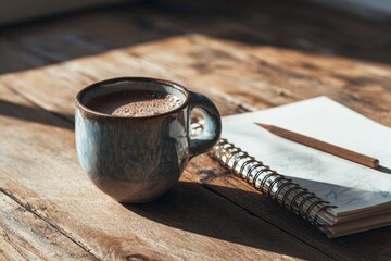Warm cup of coffee beside open notebook and pencil on rustic woo