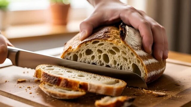 Slicing fresh sourdough bread on wooden board for artisan bakery video content creation now