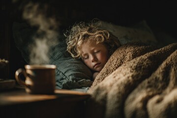 Cozy scene of child sleeping peacefully under warm blankets besi