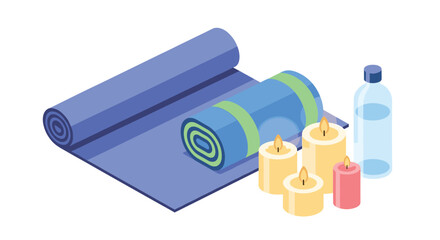 Relaxing yoga and wellness scene with mat, candles, and water bottle for spa retreats and mindful exercise promotions