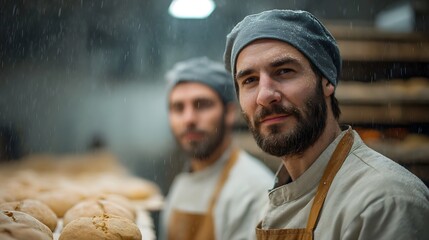 Two professional bakers in a rustic bakery surrounded by fresh bread and falling flour particles