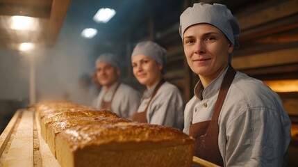 Proud bakers present fresh golden loaves in a warm steamy bakery kitchen