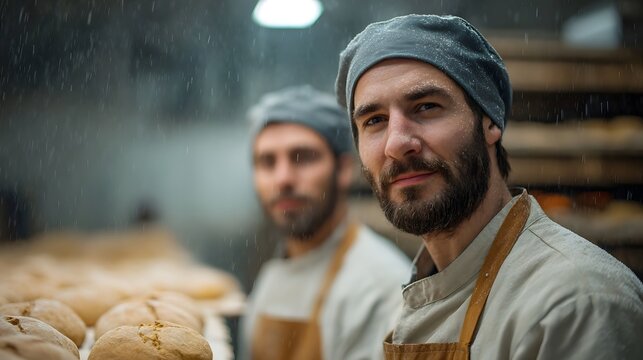 Two professional bakers in a rustic bakery surrounded by fresh bread and falling flour particles
